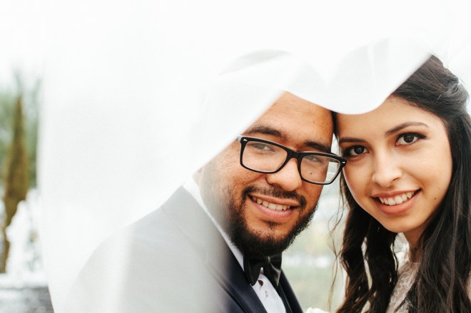 bride and groom pose under the veil